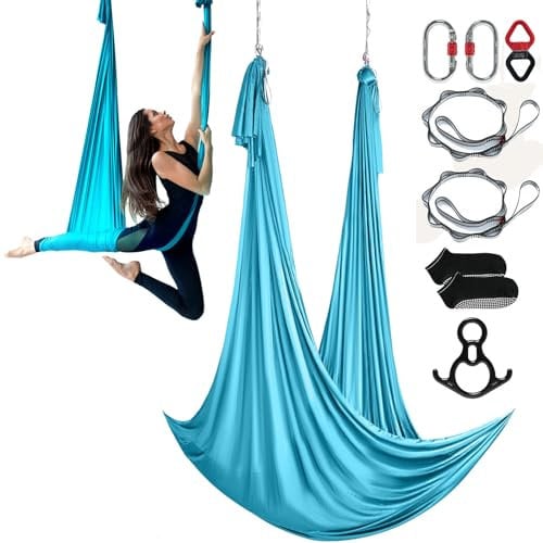VEVOR Altalena per Yoga e Seta Aerea, 11 Metri, Kit Amaca per Yoga Aerea con Tessuto in Nylon da 100 g/m², Hardware Completo per L'attrezzatura e Guida di Installazione Facile, Blu