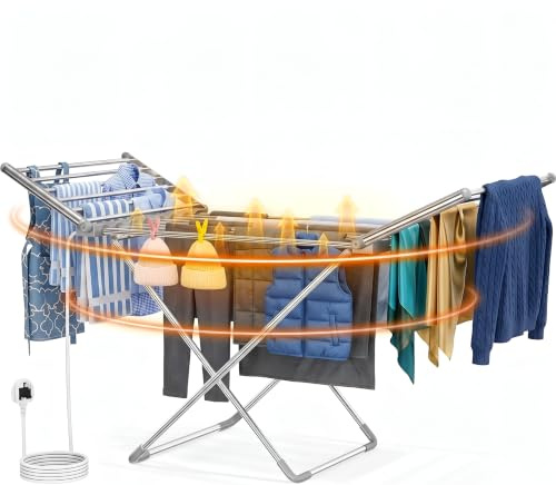 BARGAIN FACTORY Airer Heated Winged Clothes Airer | Aluminium Clothes Drying Rack 230w Energy-Efficient 18 Heated rails indoor airer Low-Energy Indoor Laundry Dryer Stand