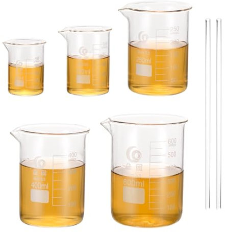 PATIKIL 50/100/250/400/600ml Low Form Glass Beaker, 3.3 Borosilicate Glass Beakers Graduated Measuring Cup with 2Pcs Stirring Rod for Experiment, Cooking Baking, Clear