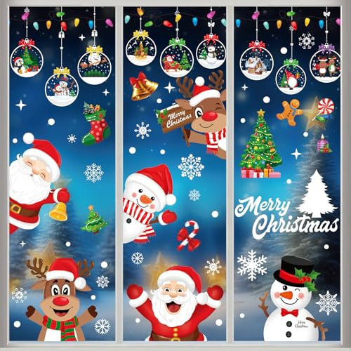 AMLOOPH Christmas Window Stickers, 10 Sheets Santa Claus Xmas Window Clings Christmas Decorations, Reusable Snowflake Window Stickers for Christmas Window Decorations Indoor