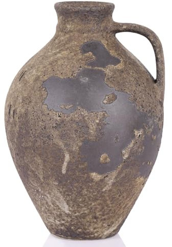QIANLING Rustic Ceramic Stone Vase with Handle, Large Vintage Terracotta Vase for Home Decor, Farmhouse Style, Dining Table, Shelf, and Table Centerpieces