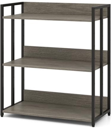 CASART 3/5-Tier Storage Shelf, Industrial Bookshelf Wooden Shelving Unit with Adjustable Shelf & Metal Frame, Home Office Display Storage Unit (Grey, 3-Tier: 70 x 35 x 81cm)