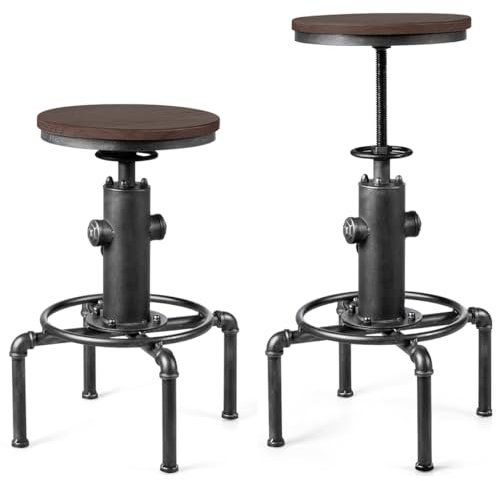 HOMASIS Barhocker höhenverstellbar aus Holz & Metall, Vintage-Barstuhl im Industriestil, 360°Drehhocker mit Kiferplatte, Fußstütze & Anti-Rutsch Fußpolster, Bistrohocker für Bars & Cafés (Silbergrau)