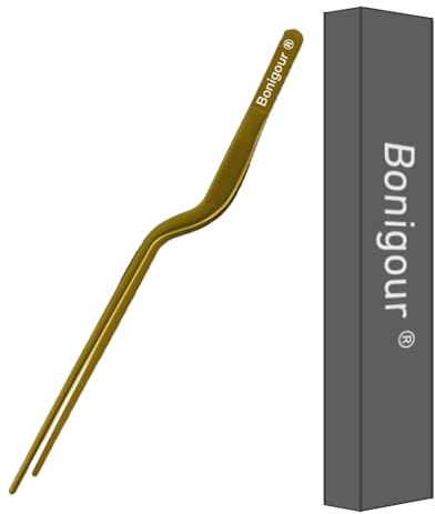 Bonigour Pinzas de Precisión Descentradas de 8 Pulgadas, Pinzas de Acero Inoxidable para Cocina Culinaria, Pinzas Curvadas de Cocina Multifunción de Precisión para Chef para Emplatar, Decorar