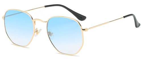 RUNHUIS Lunettes de soleil rétro polygone pour homme et femme - Lunettes carrées tendance - Cadre en métal ultra léger, Doré/bleu