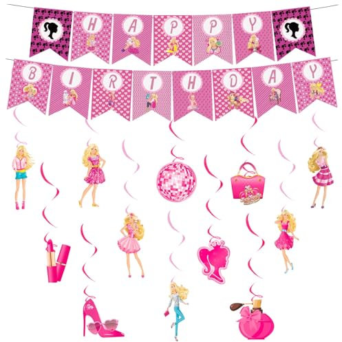 Chukua BarBi Geburtstag Deko Mädchen- Rosa Girlande Hängende Deko Geburtstag Banner Swirl Decorations Barbiprinzessin Happy Birthday Banner Dekoration für BarBi Thema Kindergeburtstag Party Deko