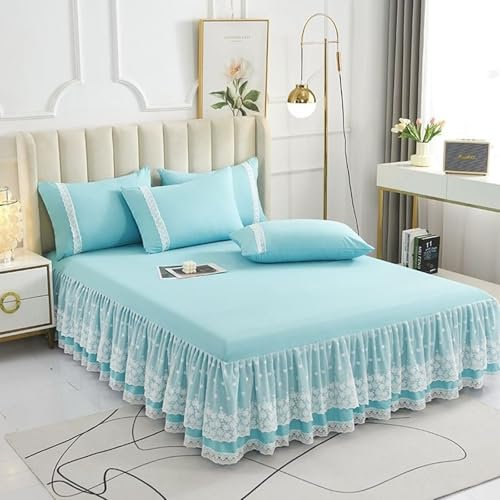 AMDXD Cache-sommier de 200 x 220 cm avec 2 taies d'oreiller - 3 pièces - Cache-sommier en dentelle avec fronces - Couleur unie - Bleu mer - Motif drap-housse en bambou pour toutes les saisons