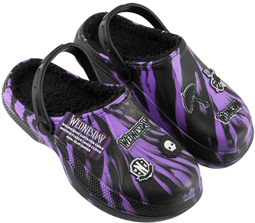 Wednesday Clogs for Girls, Winter Fleece Lining & Decorative Accents, Kids Teens Garden Shoes Slip On with Strap, Gothic Gifts