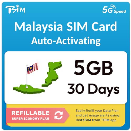 Malaysia SIM-Karte | 5GB Super Economy Nachfüllplan! Automatische Aktivierung mit 30 Tagen Gültigkeit | 5G/4G-Geschwindigkeit | Hotspot erlaubt | Nur-Daten, Keine Telefonnummer