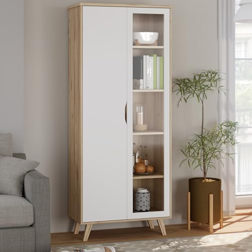 Forte VANNKA Vitrine 85, Vitrinenschrank mit 2 Türen (Davon 1 Glastür) und 2 Schubladen, Holzwerkstoff, Planked Eiche Dekor/Weiß, 84,7 cm breit, 201,5 cm hoch, 42 cm tief