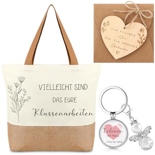 Xuniea 4 Stück Abschiedsgeschenk Lehrerin Dankeschön Geschenke Lehrerin Jutebeutel Schlüsselanhänger mit Schutzengel Anhänger Holz Dankeskarte Kraftpapierumschlag für Erzieherin Geburtstag Abschluss