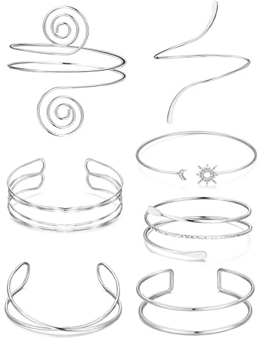 Nymora 7Pcs Silver Arm Cuff Set - Adjustable Upper Arm Cuff Bangle Band Armlet Bracelet for Women