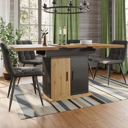 A ALFRESCOOL Esstisch Teleskoptisch, Klappbarer Küchentisch für 4-6 Personen, Ausziehbarer, Platzsparender, für Küche und Wohnzimmer, Esstisch im Retro-Stil, 110-140×80cm (Schwarz)