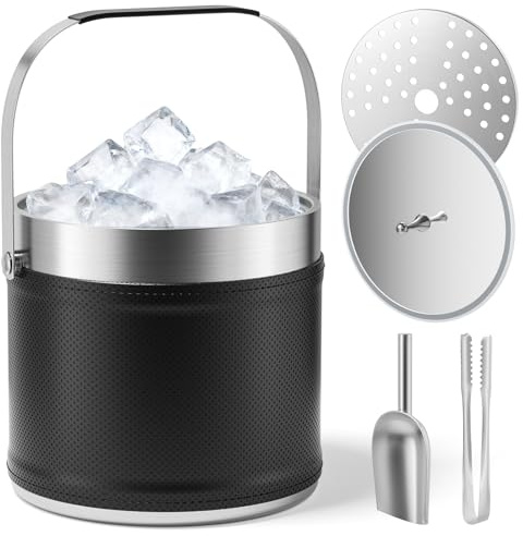 BugyKido 3.2 L Insulated Ice Bucket with Lid & Tongs & Scoop & Melt Filter, Champagne Bucket, Double Wall Stainless Steel Ice Bucket with Leather Case, Suitable for Cocktails & Wine & Beer