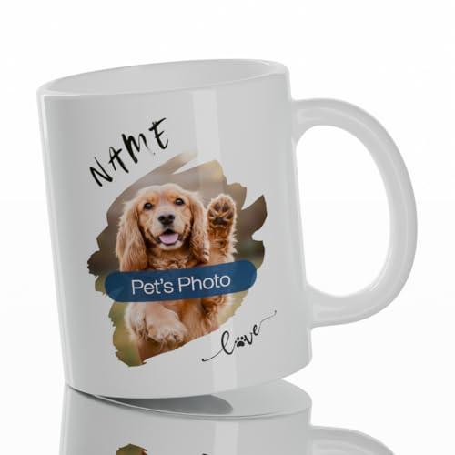 Custom Pet Portrait Coffee Mug, Personalized Dog Photo, White with Red Handle, Ceramic, 11 oz, Microwave Safe, Dishwasher Safe (White)