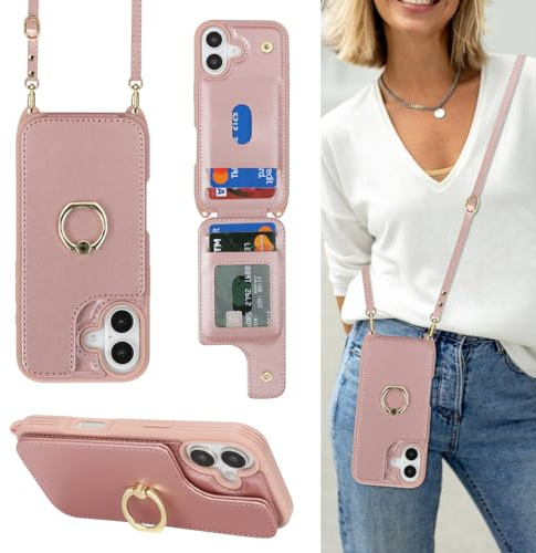 Cavor Phone Case Compatible with iPhone 17 Case With Card Holder With Strap,Flip Leather Wallet Card Case with Lanyard,Ring Kickstand Shockproof Cover Case for iPhone 17 - Rose gold