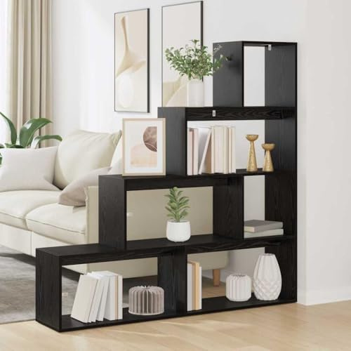Foknhdi Raumteiler Bücherregal Schwarz Eichenoptik 143,5x29x143,5 cm Holzwerkstandregal Modernes Design mit Reichlich Stauraum & Langlebigkeit für Wohnzimmer Büro Schlafzimmer Flur
