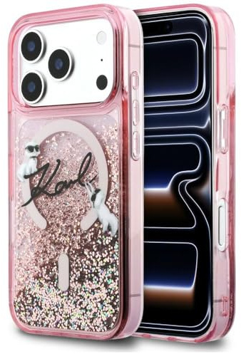 CG MOBILE Karl Lagerfeld Flüssigglitzer Karl Script Log kompatibel mit MagSafe Hülle für iPhone 17 Pro Max (Rosa)