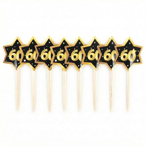 Party-Picks 60. Geburtstag (12 Stück) | Deko-Spieße in Schwarz Gold | Kuchendeko für Muffins & Buffet | Dekoration zum runden Jubiläum für Männer & Frauen