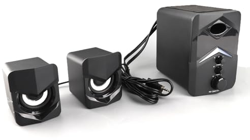 Eacam Petit Système de Haut-parleurs 2.1 avec Lumière LED, Basses Puissantes, alimenté par USB pour PC Portable, Jeux, Films, Tablettes, Smartphones