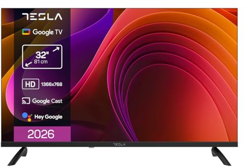 TESLA Smart TV 32 Pulgadas HD Ready Compatible con Google TV y Google Assistant - HDR10, WiFi y Bluetooth, Apps y Chromecast Integrado, 2 HDMI, 2 USB, DVB-T2/S2/C, Color Negro (32)