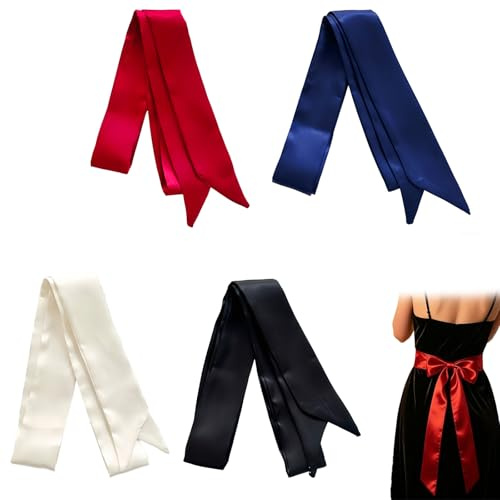 AUGTYRLV 4 Stück Taillengürtel Damen 5cm x 200cm Bindegürtel Satin Gürtel | Stoffgürtel Schal Krawatte Set Für Hochzeit, Party, Tracht, Kleid & Hut Zubehör Schwarz Beige Rot Blau Elegante Imitated Silk
