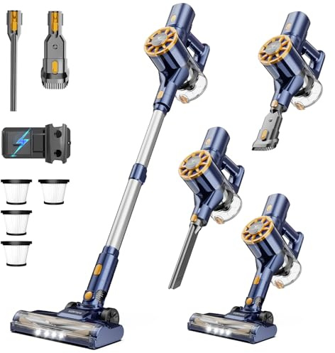 Vortisys Akku Staubsauger 45KPa/350W, Staubsauger Kabellos, Blau | mit 4 × HEPA, V-förmige Anti-Tangle-Bürste, HEPA-Filtration, 6-in-1 Staubsauger für Tierhaare/Teppiche/Auto