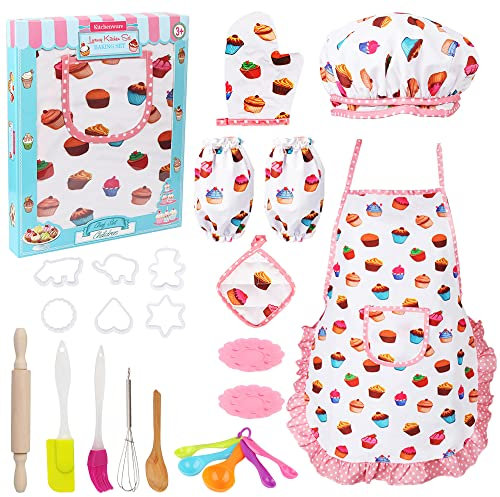 Vanmor Cute Kids Cooking and Baking Sets, 24 Pcs Kids Aprons for Girls Toddler Chef Hat Apron Dress Up Chef Costume, Little Girl Apron Sets Pretend Gifts for Age 3+ Girls