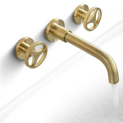 SKOWLL Brushed Gold Wall Mount Bathroom Sink Faucet, Vintage Widespread Bathroom Faucet, 2 Round Handle Vessel Sink Faucets with 360° Swivel Spout