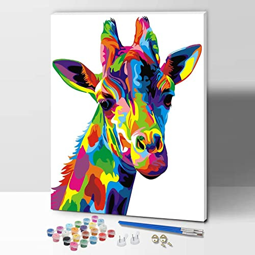 ifymei Peinture par Numero pour Enfant et Adulte, Loisirs Créatifs Activité Manuelle, Peinture Acrylique Kit de Dessin pour Filles et Garçons, Avec Cadre 30 x 40 cm - Animaux - Girafe