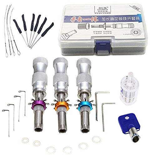 Lot de 3 outils de crochetage tubulaires réglables en acier inoxydable à 7 broches et serrure tubulaire transparente à 7 broches avec extracteur de clé cassée (combinaison de clés bleues)