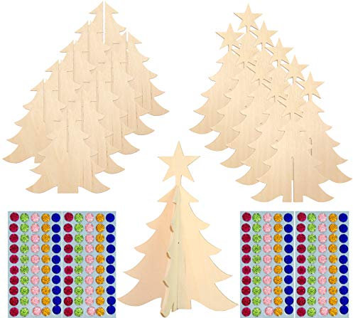 Herr Bo & Co 10 Stück 3D Weihnachtsbaum mit Stern inkl. 200 selbstkelbenden Glitzersteinen, ca. 18cm, zum Zusammenstecken, aus unbehandeltem 3mm Birkensperrholz, FSC-Zertifiziert, Made in Germany