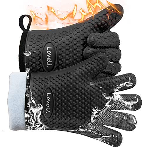 Loveuing Guanti da forno da cucina, a doppio strato, resistenti al calore, guanti da forno in silicone con 5 dita, impermeabili, antiscivolo, per barbecue, cucina, cottura (XL-XXXL, nero)