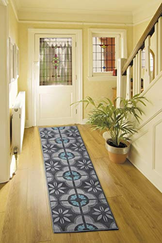 Bravich Modern Geometric Tiles Checkered Pattern Very Long Hallway Hall Runner Narrow Rugs Custom Length Grey & Blue Stair Carpet Mats 60x120CM (2'X4')