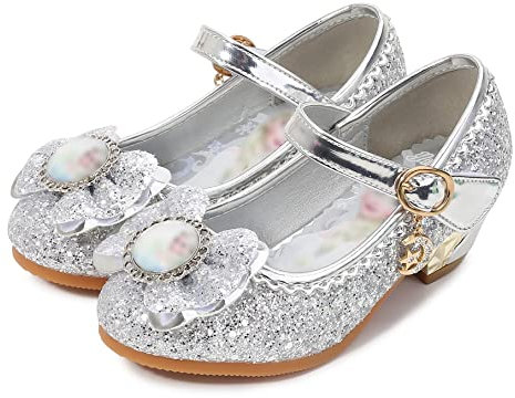 Eleasica Princesa Elsa Zapatos para Niña Frozen Tacón Altos Regalo Sandalias de Vestir Antideslizante Punta Cerrada Zapatos de Disfraz Boda Ceremonia Zapatos de Vestir,Plateado,30