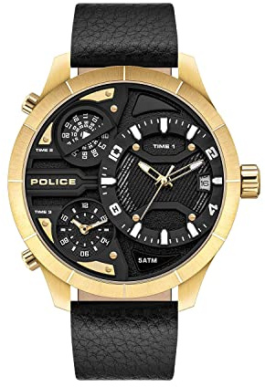 Police Herrenuhr Bushmaster Gold Edelstahl mit Lederarmband, Analog, Quarz, 5 Bar, PEWJB2110601