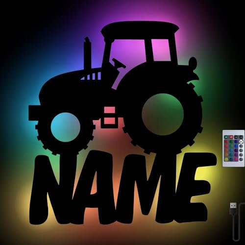 Namofactur RGB Farbwechsel Traktor Wand-Nachtlicht mit Namen personalisiert I Led Holz Wand-Lampe für Kinder & Erwachsene mit Fernbedienung