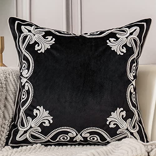 Aeckself 50,8 x 50,8 cm europäischer Dekokissen Kissenbezug, luxuriöser Samt, dekorativ, Bestickt, Blumenmuster, Kissenhülle für Sofa, Stuhl, Schlafzimmer, Wohnzimmer, Schwarz und Weiß