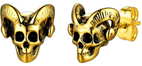 FaithHeart goldener Kreolen Ohrstecker mit Ziegenschädel Herren Jungen Piercing Baphomet Ohrstecker für Freunden Ehemann Papa