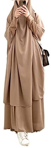 Bohen Muslimisches Zweiteiliges Gebetskleid für Frauen Abaya Kleid Islamischer Naher Osten Dubai Türkei Maxi Abaya Kaftan mit voller Länge Hijab Kleid, Khaki, Einheitsgröße