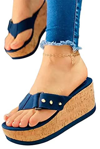ORANDESIGNE Femme Sandales Compensees Sandale Plateforme Ete Espadrille Confort Bout Ouvert Femmes Compensees Plate à Boho à Bout Ouvert Mules Style Espadrilles Nu-Pieds Mode F Bleu 36 EU