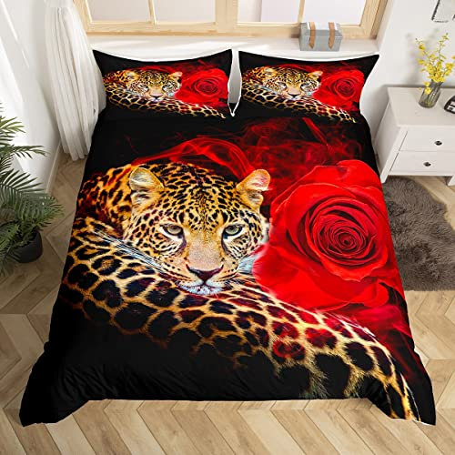 Loussiesd Leopard-Bettwäsche-Set für Mädchen, Jungen Kinder rote Rose Bettwäsche 135x200cm dekorative Safari, Geparden-Druck, Bettbezug, Wildtier-Thema, Luxus Bettwäsche 2-teilig