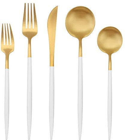 Juego de cubiertos dorado mate con mango negro, juego de cubiertos de acero inoxidable de 5 piezas, juego de cubiertos de vajilla para el hogar y el restaurante, apto para lavavajillas (blanco)