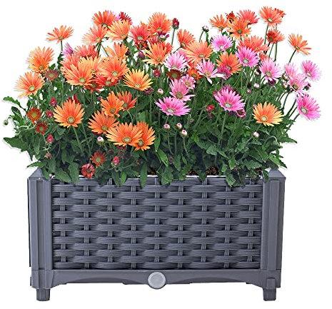 Mingone Blumentopf Rattan Optik aus Kunststoff Blumenkasten Balkonkasten mit Wasserspeicher Pflanzkasten für Balkon Garten Terrasse,40x40x23cm,Grau