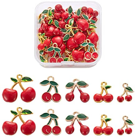 PandaHall 50pcs Enamel Cherry Charms Pendants 5 Styles Light Gold Plated Lovely Cherry Alloy Dangle Charms for DIY Necklace Bracelet Earring Crafts