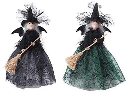 MISNODE 2 Stück Halloween-Dekorationen Hexenpuppe, niedliche Hexenfigur mit Spinnennetzrock und Besen Mini-Hexe mit Pailletten-Gaze für Hausrequisiten, Heimdekoration