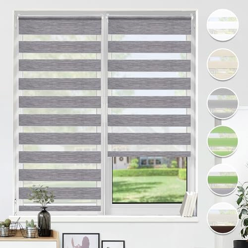 HOMEDEMO Store Enrouleur Jour Nuit sans Perçage, Double Tissu avec Clips, Rideau Occultant pour Fenêtre & Porte, 100 x 220 cm (Largeur du Tissu 96 cm), Lin-Gris