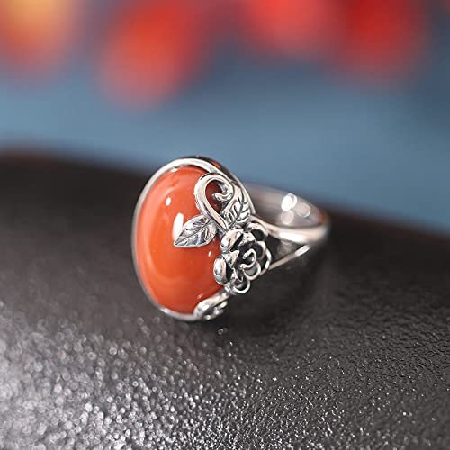 Anello In Argento Sterling 925,Anello Regolabile In Agata Rossa Del Sud Intarsiato Ovale In Argento Sterling 925 Con Fiore Di Rosa Per Le Donne Anelli In Pietra Naturale Retrò Da Sposa Gioielli Ete
