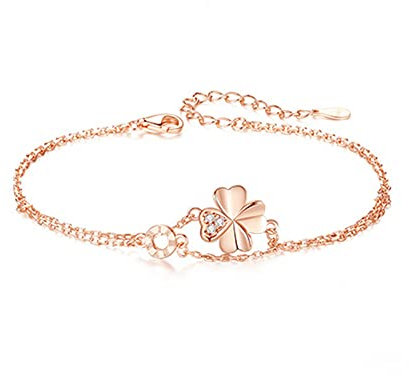Belons Damen Armband Kleeblatt 925 Sterling Silber Zirkonia Vierblättrige Kleeblatt Charm Armband Mädchen Armkette Armkettchen Kinder Fußkettchen (Rosegold)