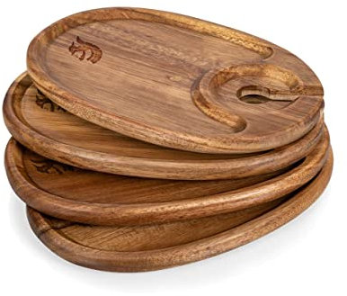 PICNIC TIME NCAA USC Trojans Wine Appetizer Plate Set of 4, Cocktail Plate with Glass Holder, Cheese Board with Wine Holder, (Acacia Wood), 9 x 6 x 0.5